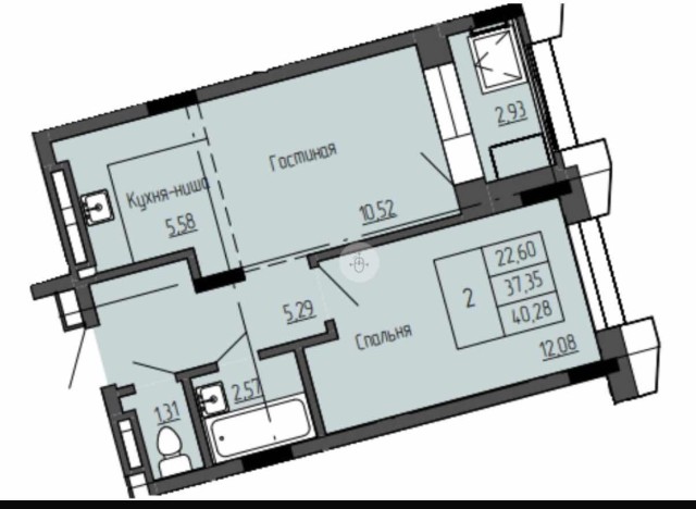 2 комн., 40 м², Монолитно-каркасный, Залог 2