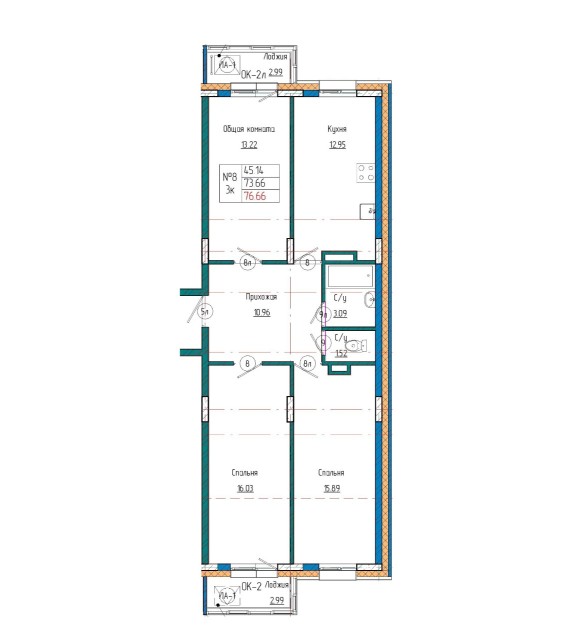 3 комн., 74 м², Монолитно-каркасный, Авиапорт 2