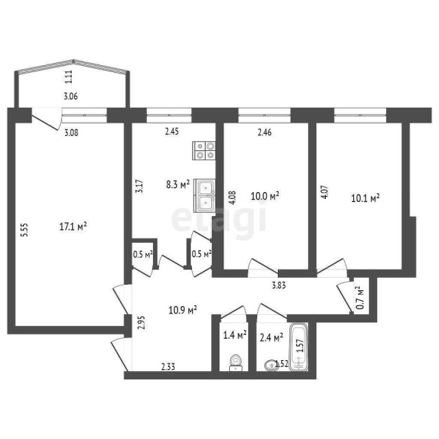 3 комн., 62 м², КПД, Дом быта 3