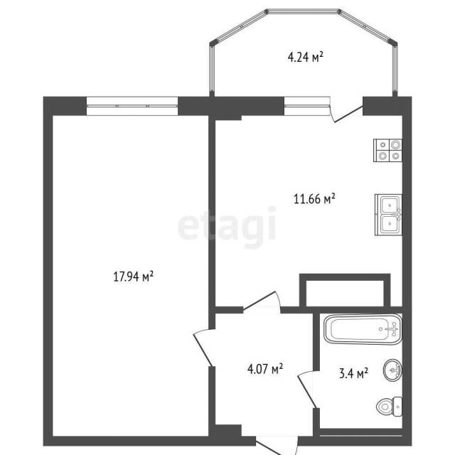 1 комн., 38 м², Монолитно-каркасный, Залог 3