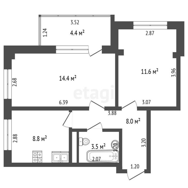 2 комн., 45 м², Монолитно-каркасный, Гимеин 3