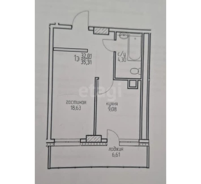 1 комн., 32 м², Инд. планировка, Прометей, ЖК 3