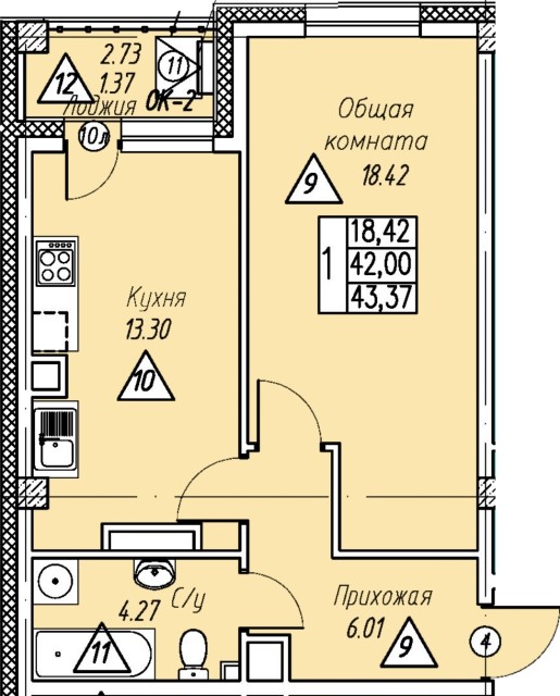 1 комн., 44 м², Монолитно-каркасный, Рынок Столичный 4