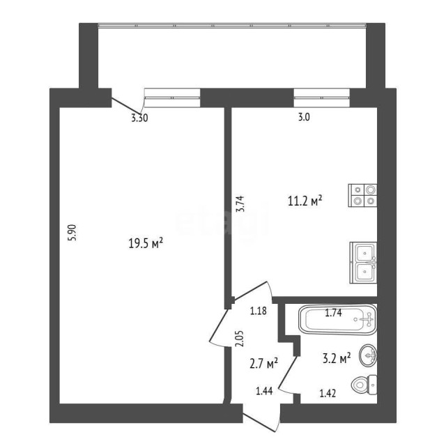1 комн., 37 м², Инд. планировка, Сайсары 3