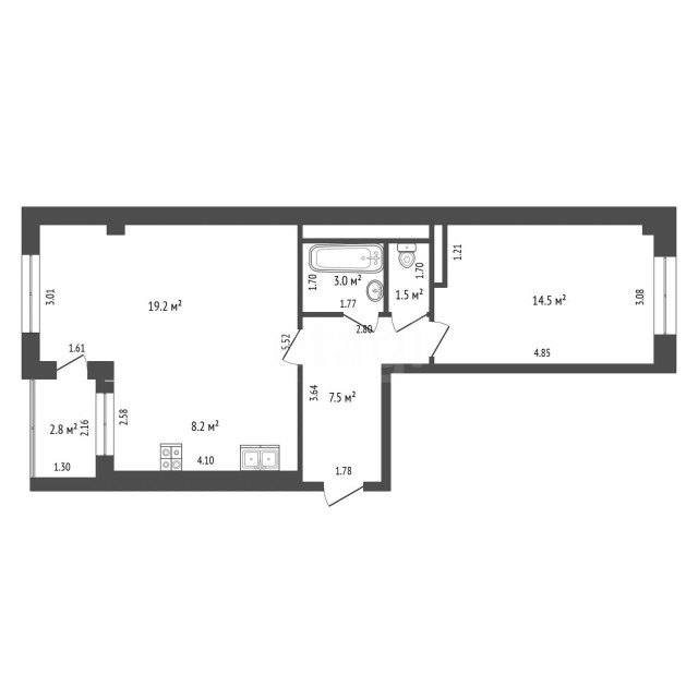 2 комн., 54 м², Монолитно-каркасный, Рабочий городок, Водоканал 3