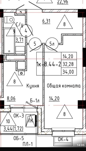 1 комн., 34 м², Монолитно-каркасный, Областная больница, рынок "Манньыаттаах" 3