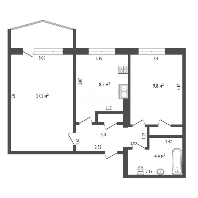2 комн., 47 м², КПД, Дом быта 3