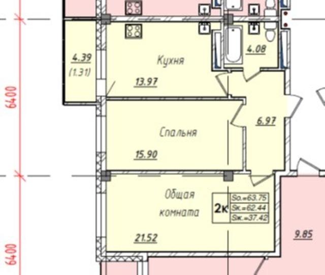 2 комн., 63 м², Монолитно-каркасный, 203 мкрн. 8