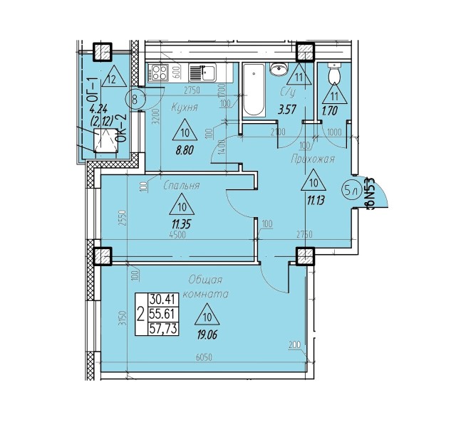 2 комн., 56 м², Монолитно-каркасный, Глазная больница 2