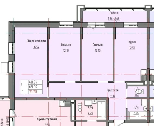 3 комн., 71 м², Монолитно-каркасный