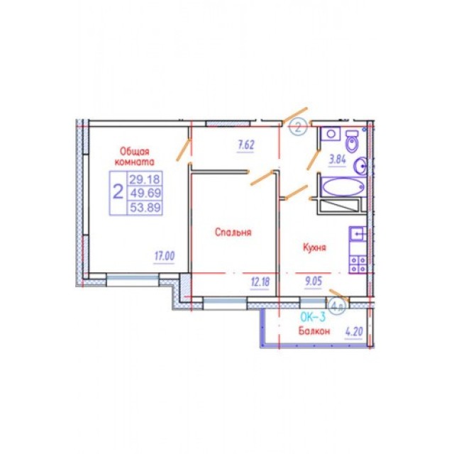 2 комн., 53 м², Монолитно-каркасный, ЯГСХА 5