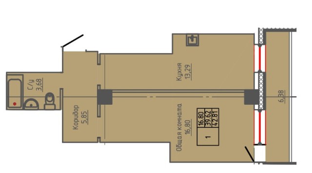 1 комн., 42 м², Монолитно-каркасный, Крестьянский рынок, стадион "Туймаада" 3