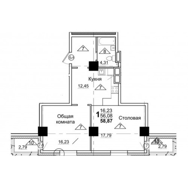 2 комн., 58 м², Инд. планировка, Прометей, ЖК 2