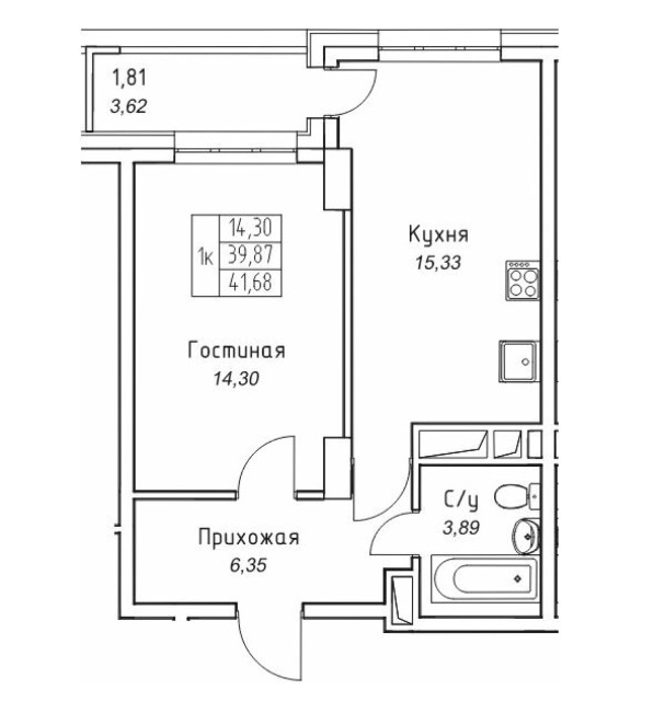 1 комн., 41 м², Монолитно-каркасный, Прометей, ЖК 2