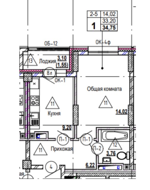 1 комн., Монолитно-каркасный, 103 квартал (Ростелеком) 6