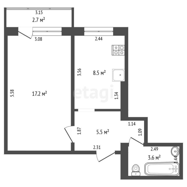 1 комн., 36 м², КПД, Апельсин 3