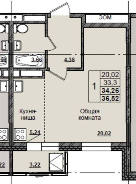 1 комн., 35 м², Монолитно-каркасный, Залог 3