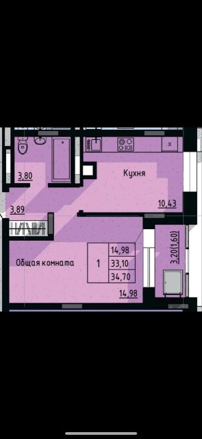 1 комн., Монолитно-каркасный, Сайсары 6