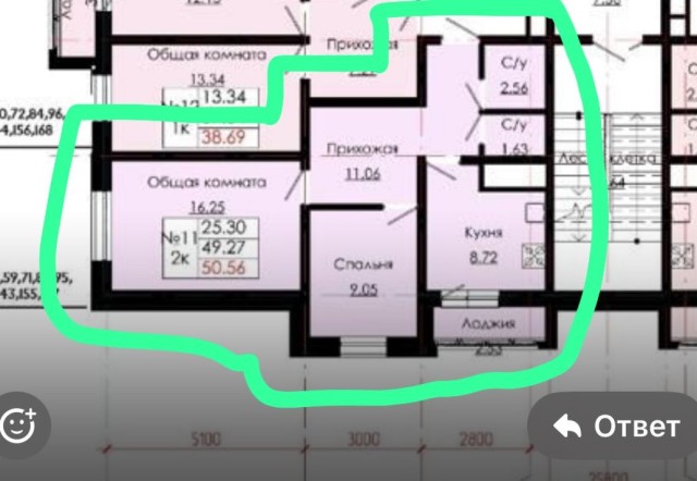 2 комн., 50 м², Монолитно-каркасный, Залог 4