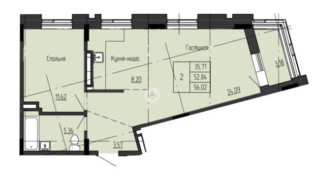 2 комн., 56 м², Монолитно-каркасный, Залог 2