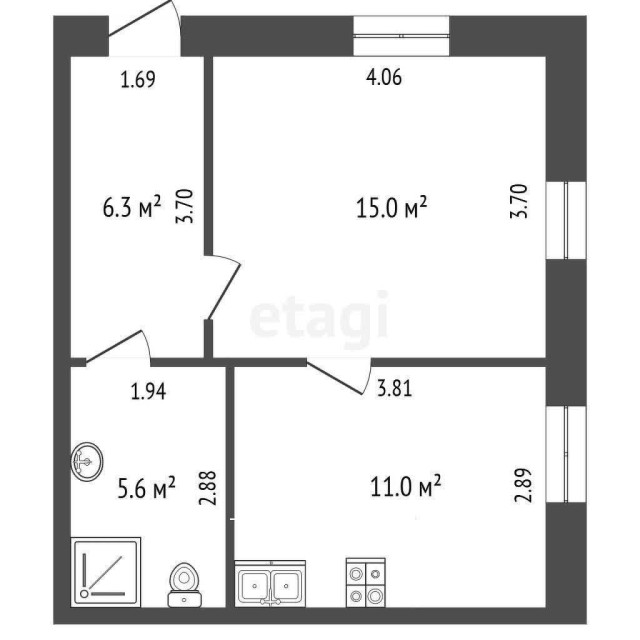 1 комн., 38 м², Инд. планировка, Другие районы 3