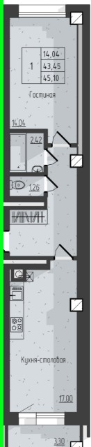 1 комн., 45 м², Монолитно-каркасный, Вавилон