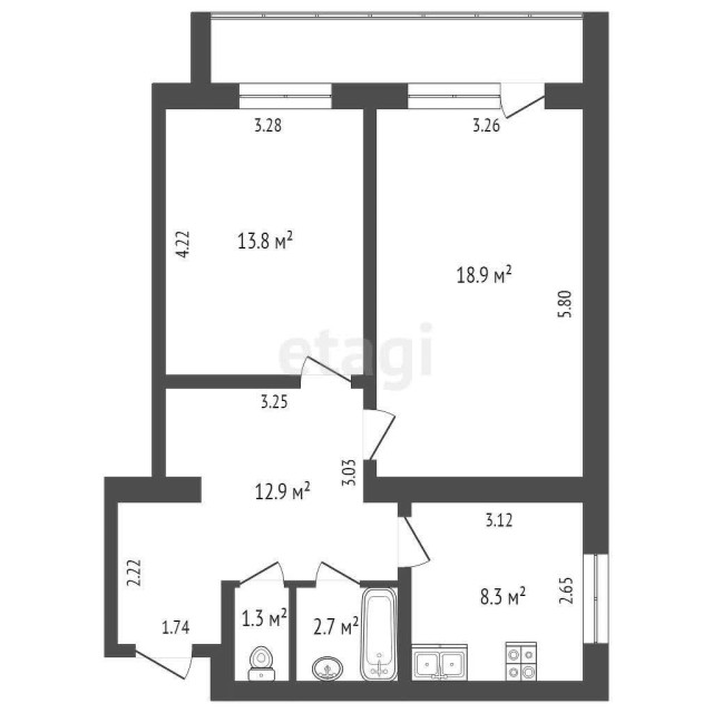 2 комн., 58 м², Инд. планировка, 16 квартал 3