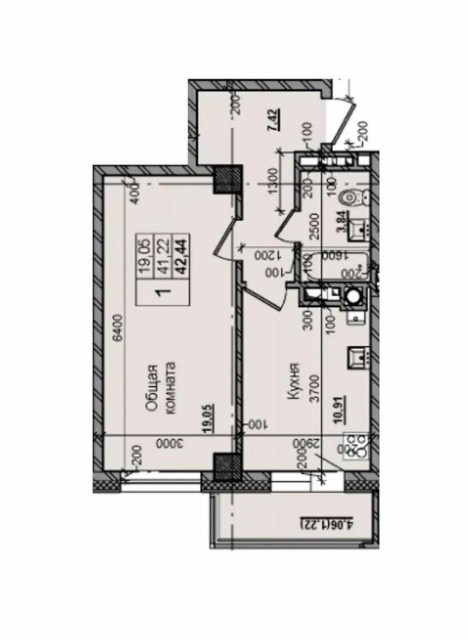 1 комн., 42 м², Инд. планировка, Залог 3
