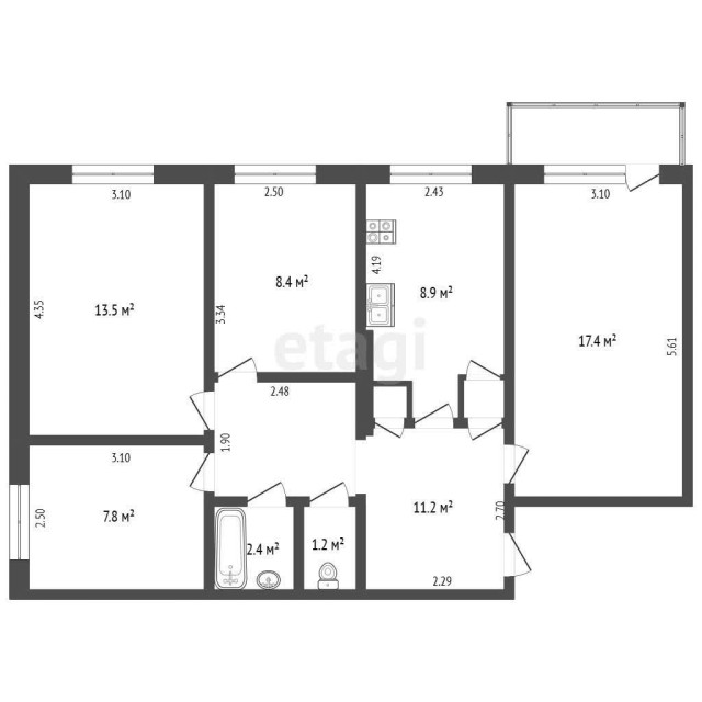4 комн., 72 м², КПД, Другие районы 3