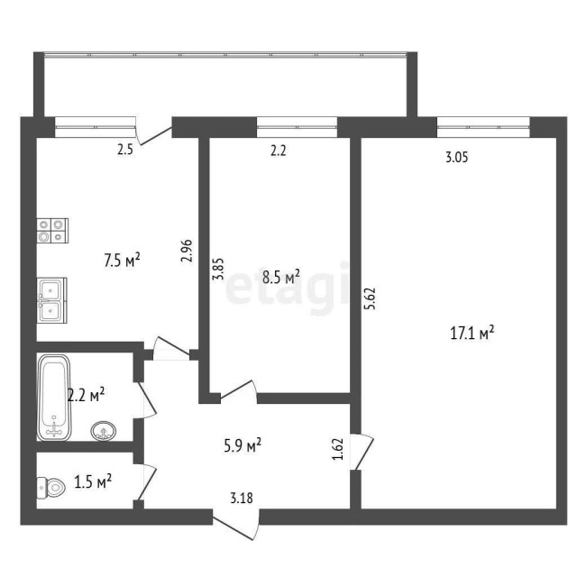 2 комн., 43 м², Инд. планировка, Марха 3