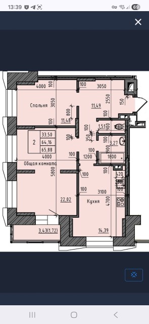 2 комн., 65.0 м², 3 эт.