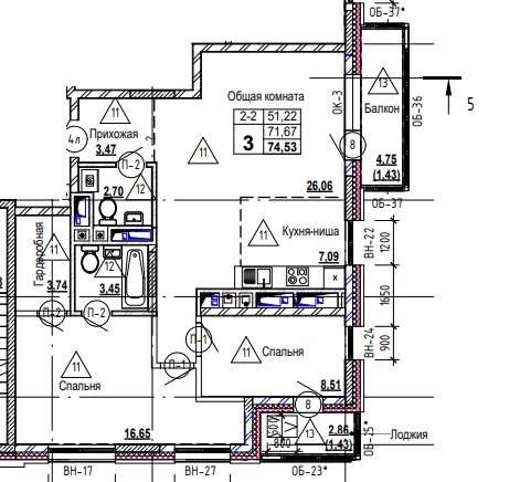 3 комн., 74.5 м²