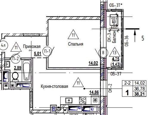 1 комн., 38.2 м²