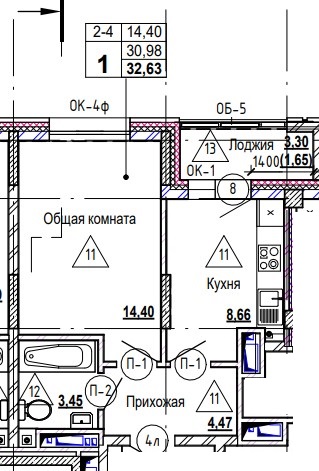 1 комн., 32.8 м²