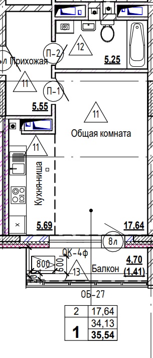 1 комн., 35.9 м²