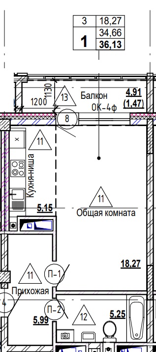 1 комн., 36.8 м²