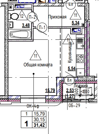 1 комн., 31.6 м²