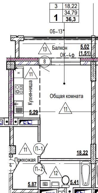 1 комн., 36.5 м²