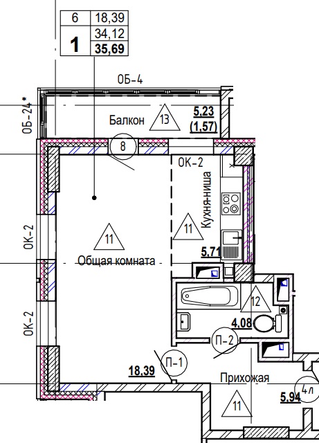 1 комн., 35.9 м²